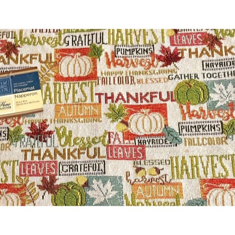 Tapestry Placemats 13" x 18" Harvest Autumn Fall Words Thanksgiving Set Of 2
